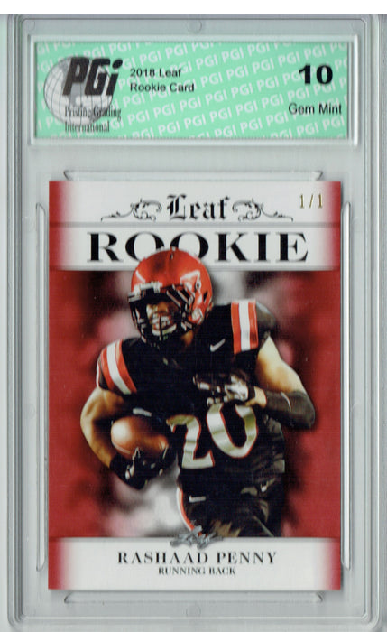 Rashaad Penny 2018 Leaf Excl. #RA-12 Red Blank Back, 1 of 1 Rookie Card PGI 10