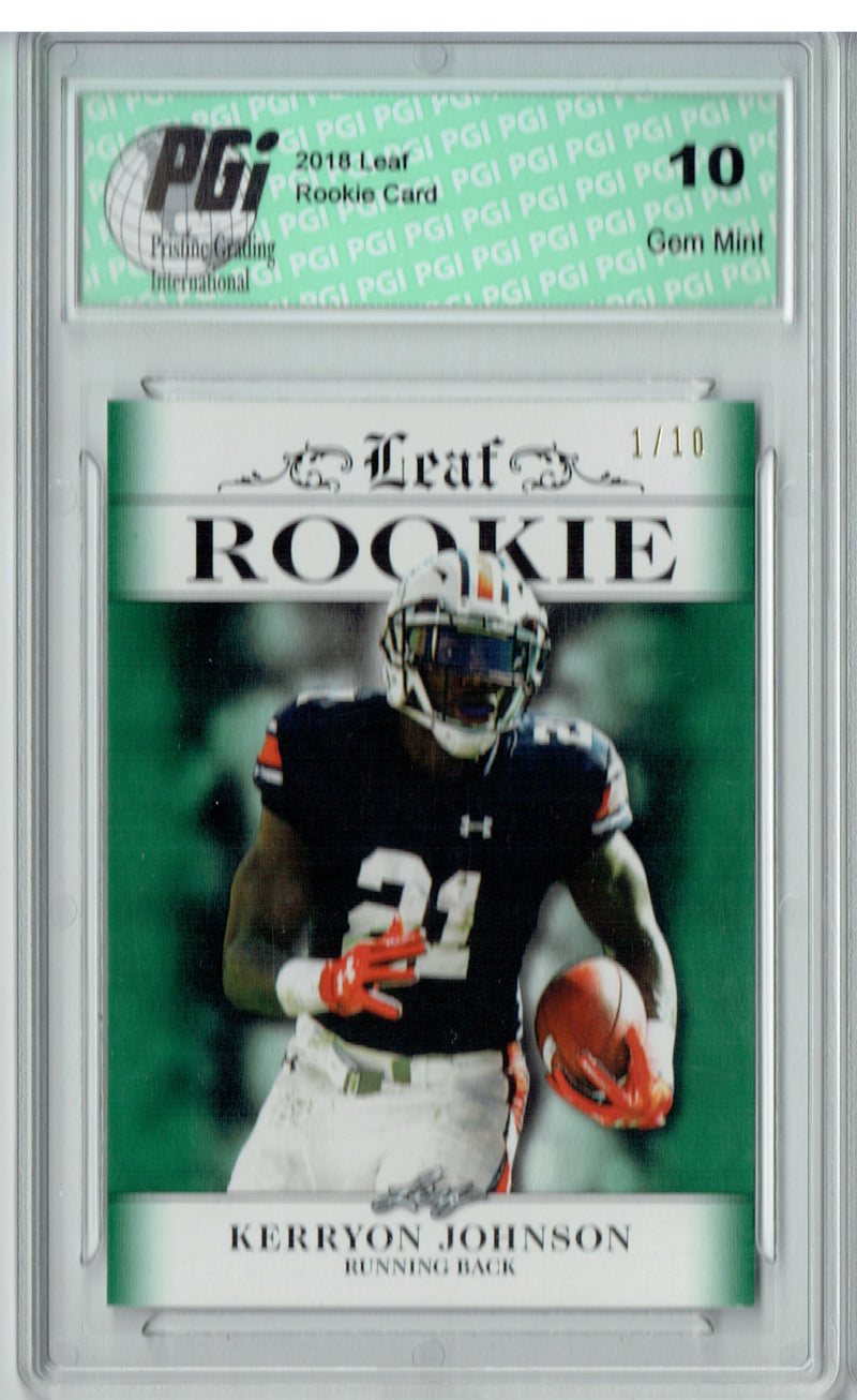 Kerryon Johnson Rookie Card Detroit PGI 10 Gem Mint Football Trading Card 2018 Leaf Exclusive #RA-08 Green SP #1/ 10