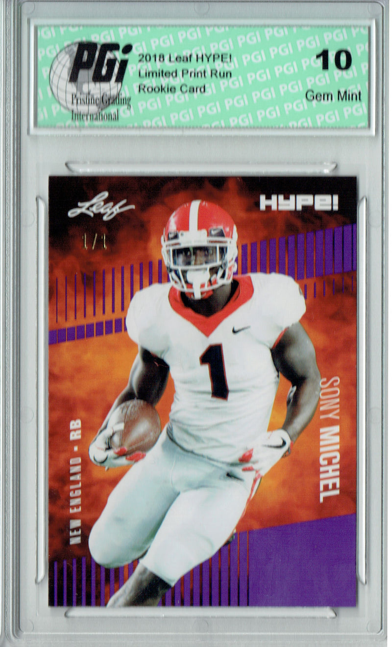 Sony Michel Rookie Card New England PGI 10 Gem Mint Football Trading Card 2018 Leaf HYPE! #7A Purple Blank Back 1 of 1