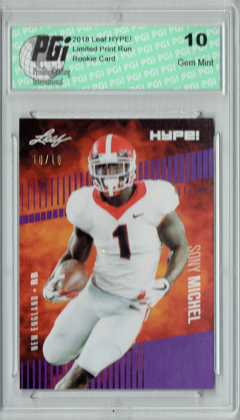 Sony Michel Rookie Card New England PGI 10 Gem Mint Football Trading Card 2018 Leaf HYPE! #7A Purple SP, Just 10 Made