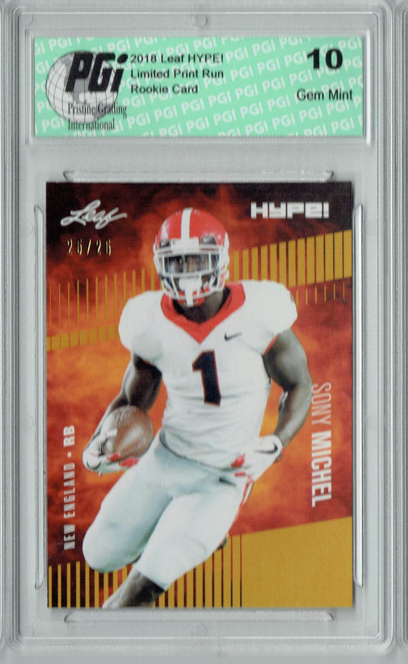 Sony Michel Rookie Card New England PGI 10 Gem Mint Football Trading Card 2018 Leaf HYPE! #7A Gold SP, Only 25 Made