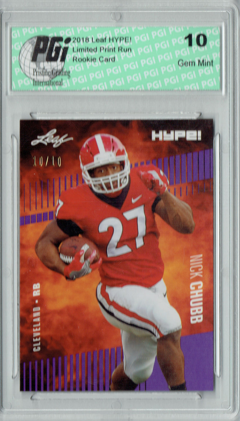 Nick Chubb Rookie Card Cleveland PGI 10 Gem Mint Football Trading Card 2018 Leaf HYPE! #9 Purple SP, Just 10 Made
