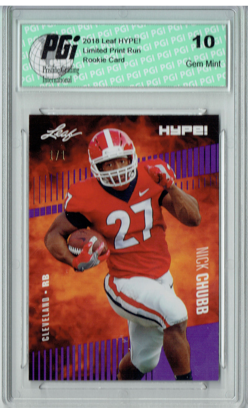 Nick Chubb Rookie Card Cleveland PGI 10 Gem Mint Football Trading Card 2018 Leaf HYPE! #9 Purple Blank Back 1 of 1