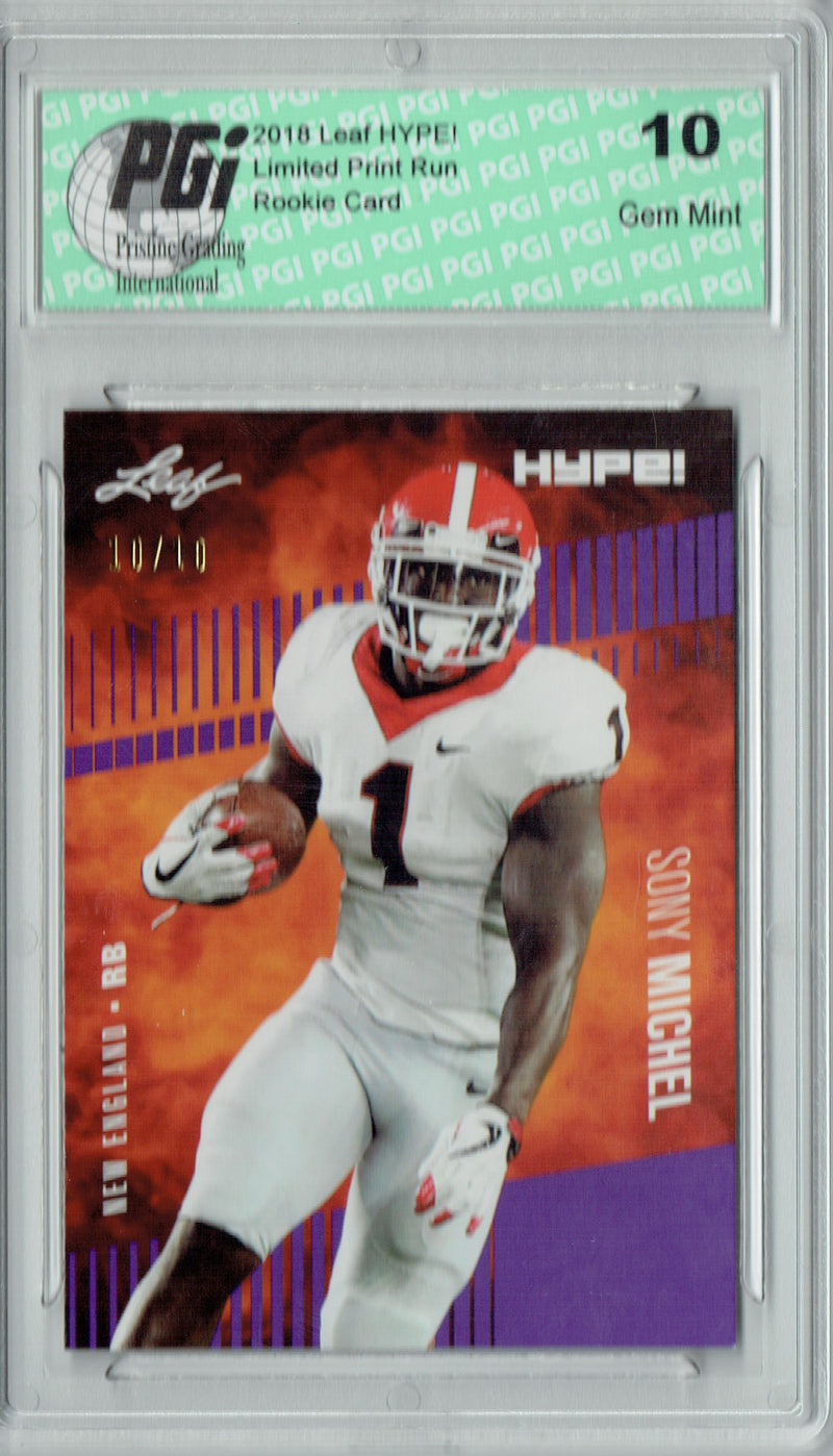 Sony Michel Rookie Card New England PGI 10 Gem Mint Football Trading Card 2018 Leaf HYPE! #7 Purple SP, Just 10 Made