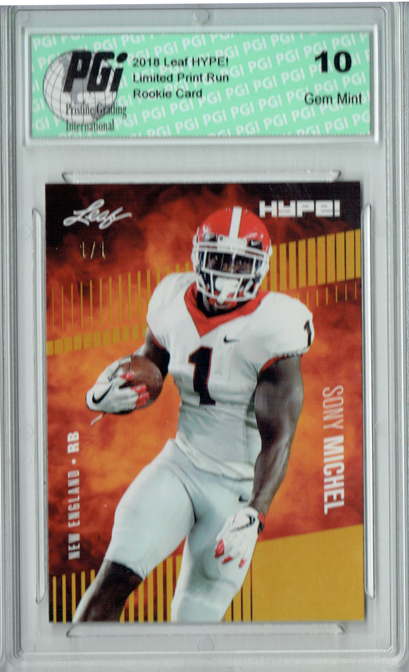 Sony Michel Rookie Card New England PGI 10 Gem Mint Football Trading Card 2018 Leaf HYPE! #7 Gold SP, Only 25 Made
