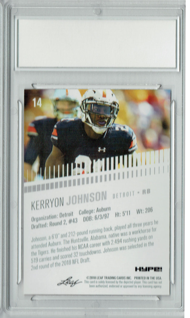 Kerryon Johnson Rookie Card Detroit PGI 10 Gem Mint Football Trading Card 2018 Leaf HYPE! #14 Masterpiece True 1 of 1