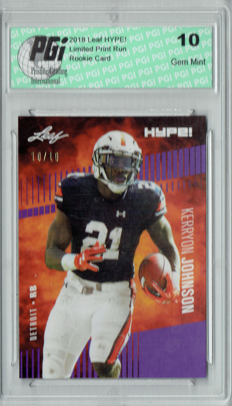 Kerryon Johnson Rookie Card Detroit PGI 10 Gem Mint Football Trading Card 2018 Leaf HYPE! #14 Purple SP, Just 10 Made
