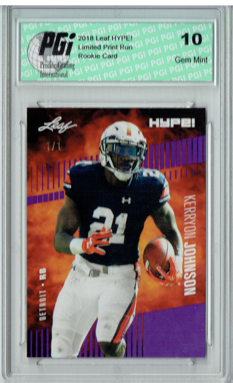 Kerryon Johnson Rookie Card Detroit PGI 10 Gem Mint Football Trading Card 2018 Leaf HYPE! #14 Purple Blank Back 1/1