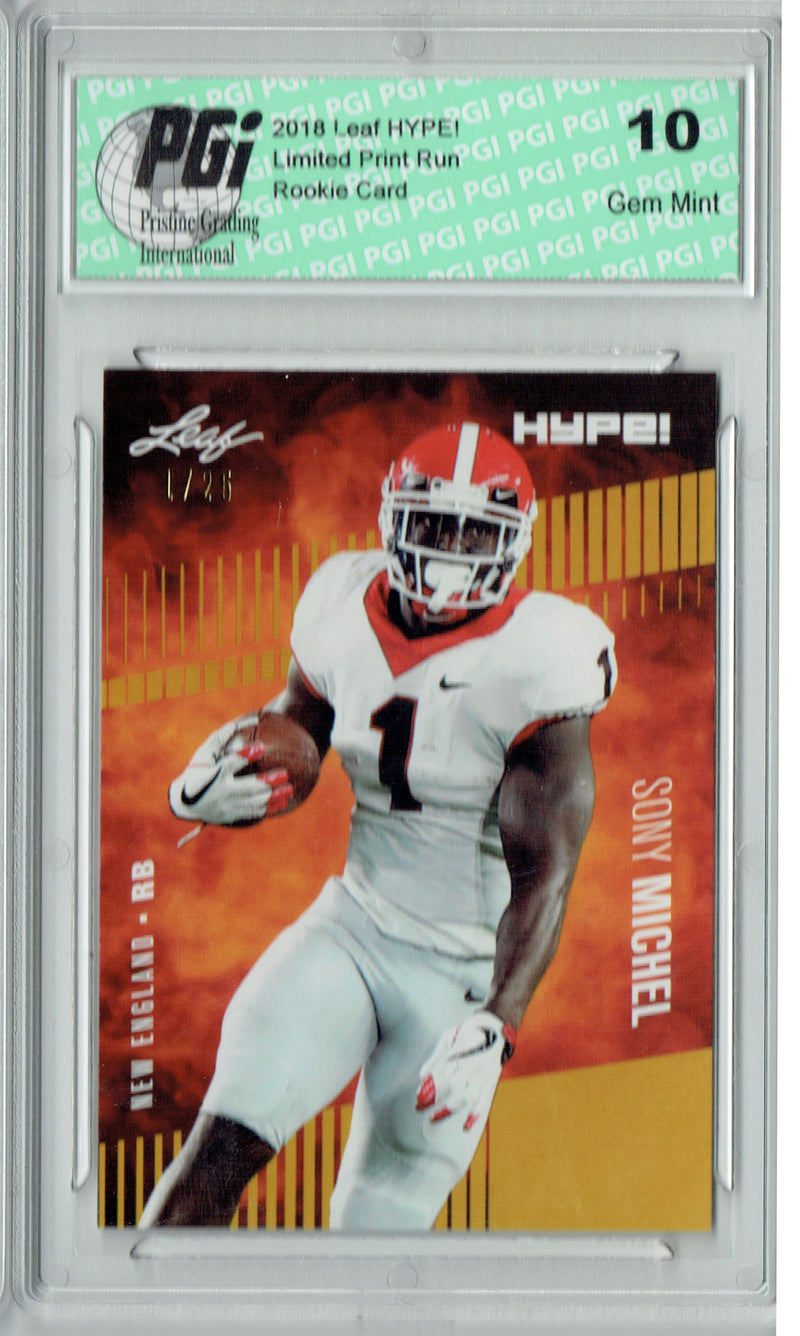 Sony Michel Rookie Card New England PGI 10 Gem Mint Football Trading Card 2018 Leaf HYPE! #7 Jersey #1/25
