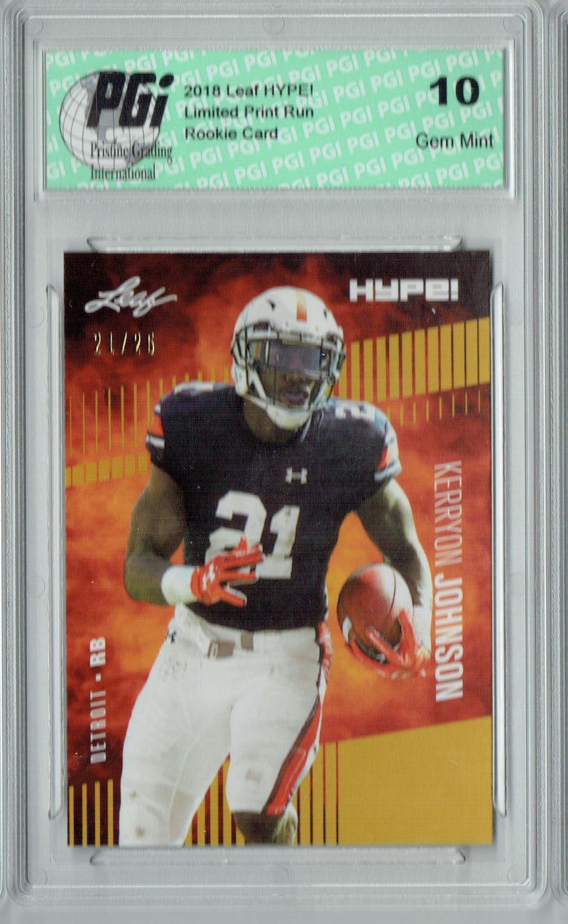 Kerryon Johnson Rookie Card Detroit PGI 10 Gem Mint Football Trading Card 2018 Leaf HYPE! #14 Jersey #21/25