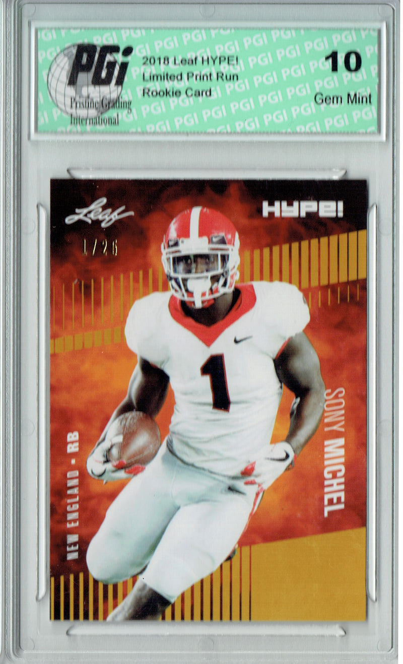 Sony Michel Rookie Card New England PGI 10 Gem Mint Football Trading Card 2018 Leaf HYPE! #7A Jersey #1/25
