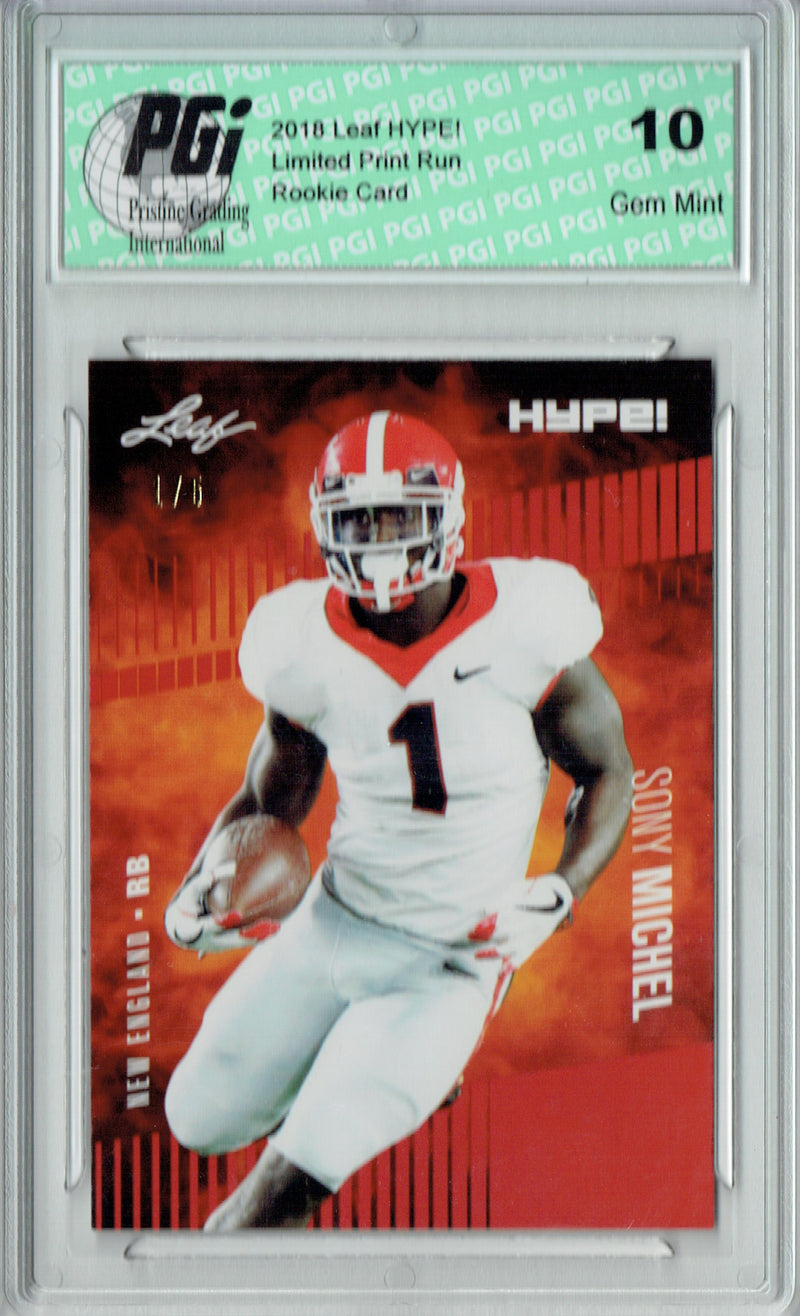 Sony Michel Rookie Card New England PGI 10 Gem Mint Football Trading Card 2018 Leaf HYPE! #7A Jersey #1/5