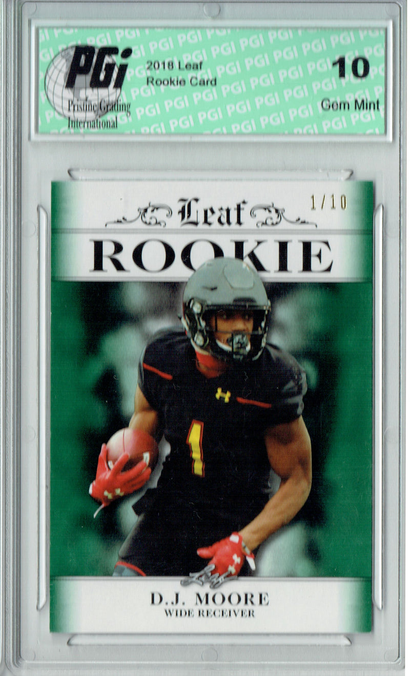 D.J. Moore Rookie Card Carolina PGI 10 Gem Mint Football Trading Card 2018 Leaf Excl. #RA-06 Emerald Jersey #1 of 10
