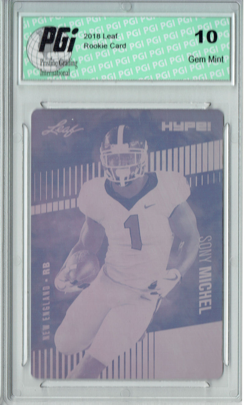 Sony Michel Rookie Card New England PGI 10 Gem Mint Football Trading Card 2018 Leaf HYPE! #7A Rare Magenta Plate 1 of 1