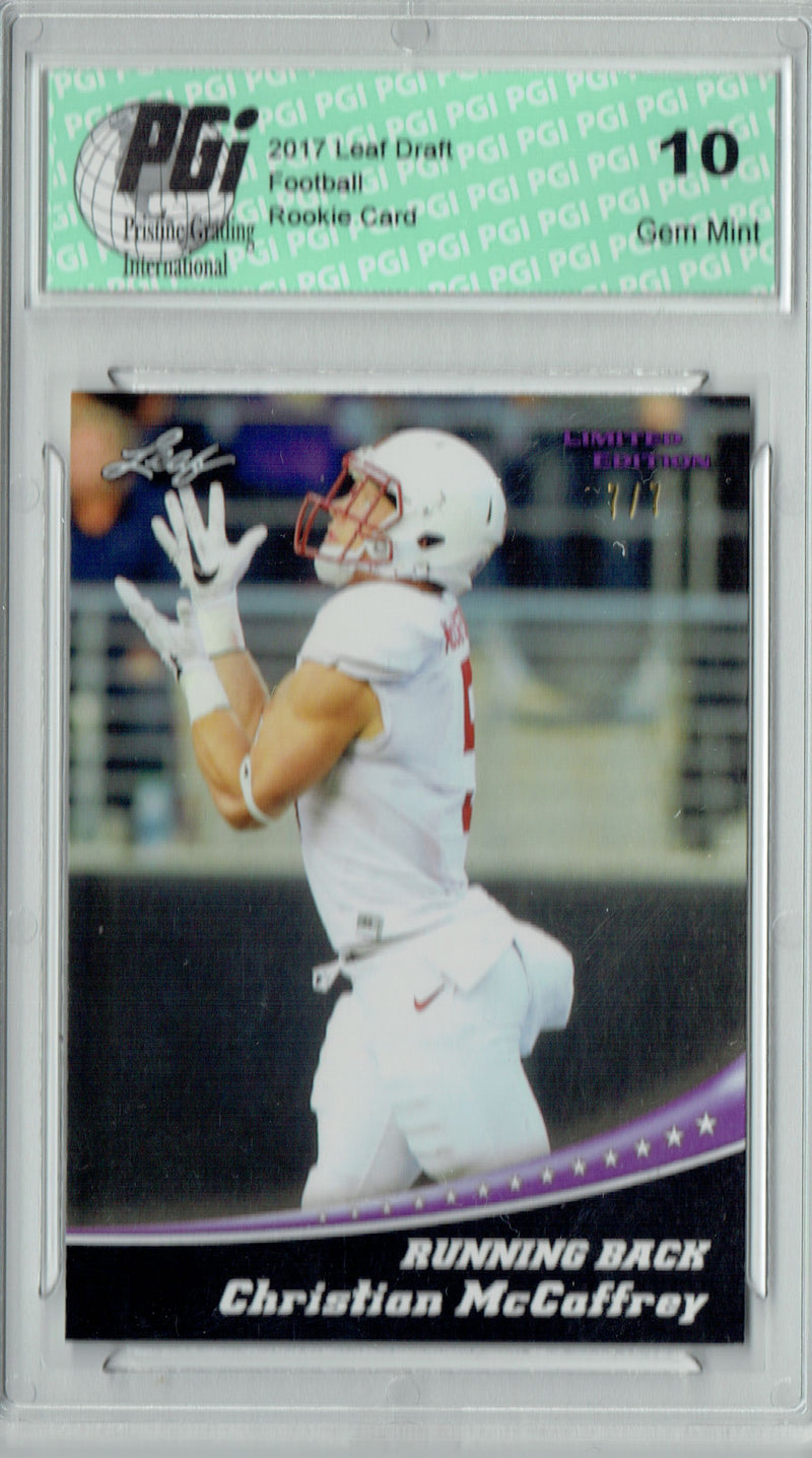Christian McCaffrey Rookie Card Carolina PGI 10 Gem Mint Football Trading Card 2017 Leaf Limited #1 Purple Blank Back 7 Made