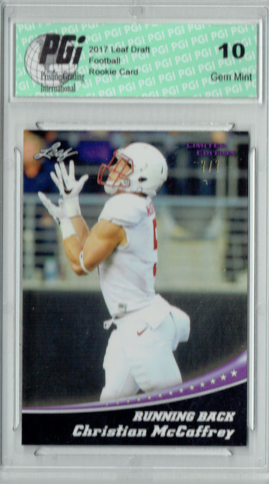 Christian McCaffrey 2017 Leaf #1 Purple Blank Back 7 Made Rookie Card PGI 10