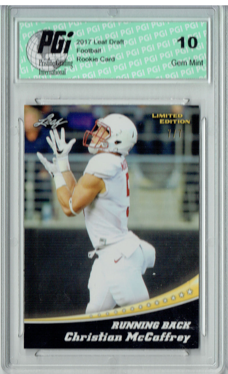 Christian McCaffrey Rookie Card Carolina PGI 10 Gem Mint Football Trading Card 2017 Leaf Limited #1 Gold Blank Back 7 Made