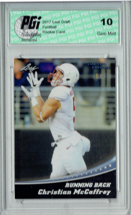 Christian McCaffrey 2017 Leaf Blank Back #1 White Jersey #5/7 Rookie Card PGI 10