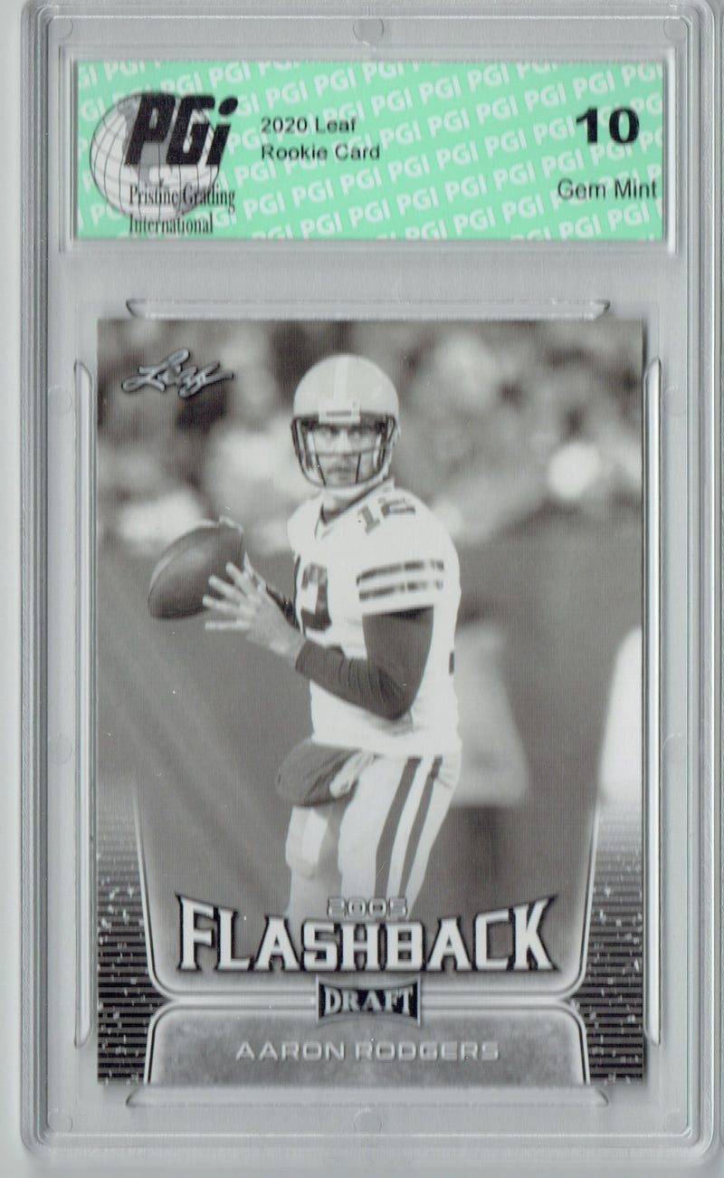 Aaron Rodgers Rookie Card PGI 10 Gem Mint Football Trading Card 2020 Leaf Draft Football #91 Flashback
