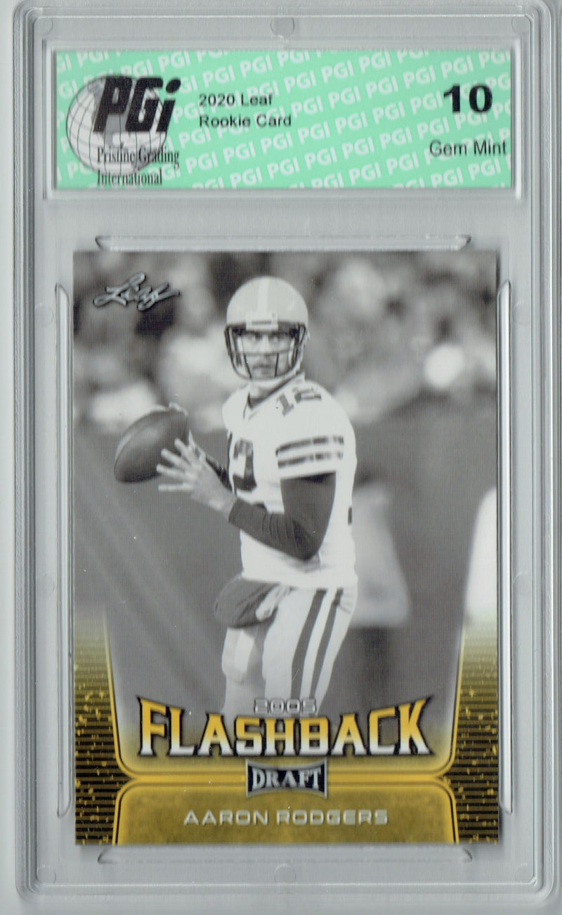 Aaron Rodgers Rookie Card PGI 10 Gem Mint Football Trading Card 2020 Leaf Draft Gold #91 Flashback