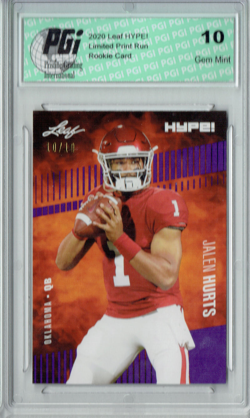 Jalen Hurts Rookie Card Philadelphia PGI 10 Gem Mint Football Trading Card 2020 Leaf HYPE! #28 Purple SP, Just 10 Made