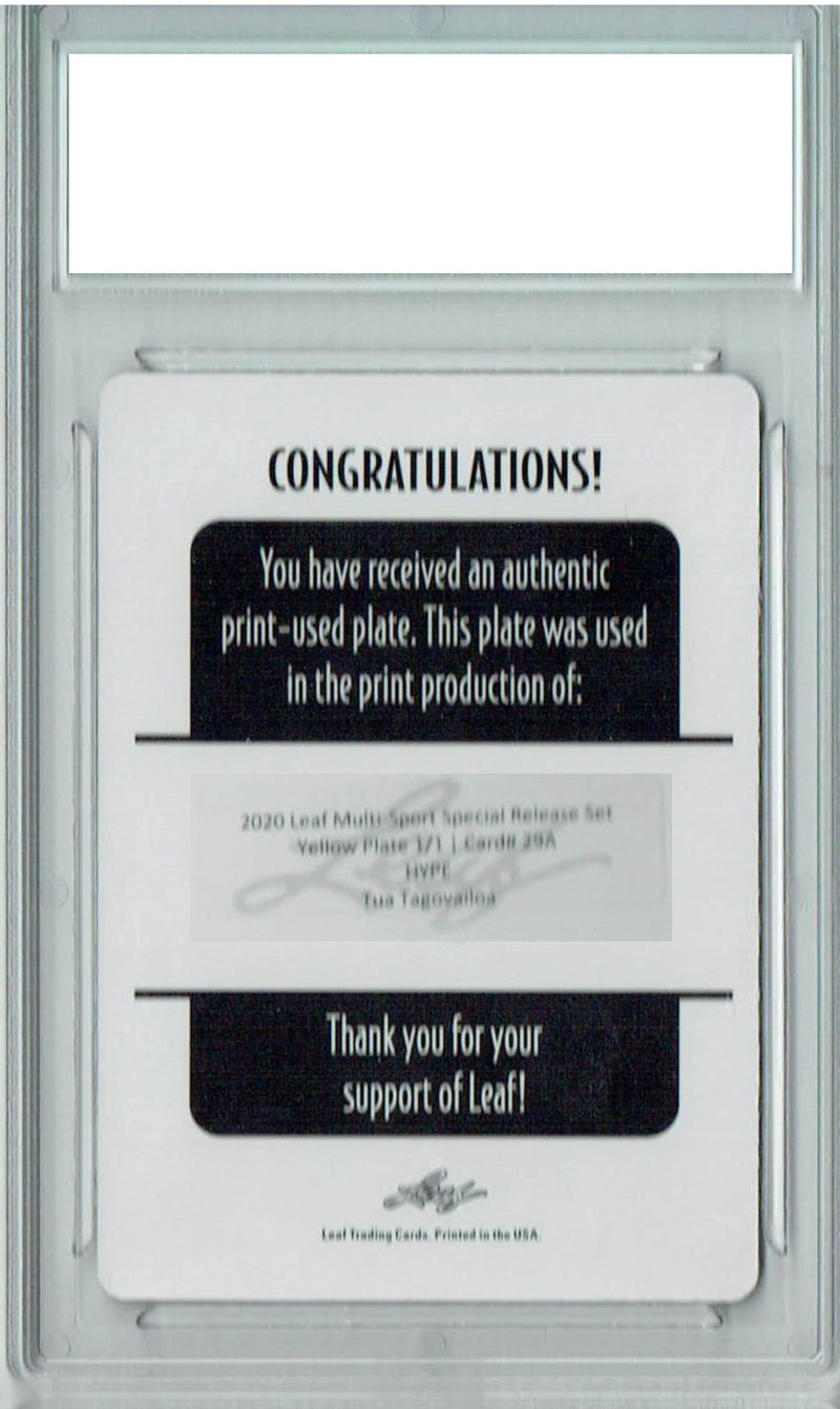 Tua Tagovailoa Rookie Card Miami PGI 10 Gem Mint Football Trading Card 2020 Leaf HYPE! #29A 1/1 Printing Plate Yellow