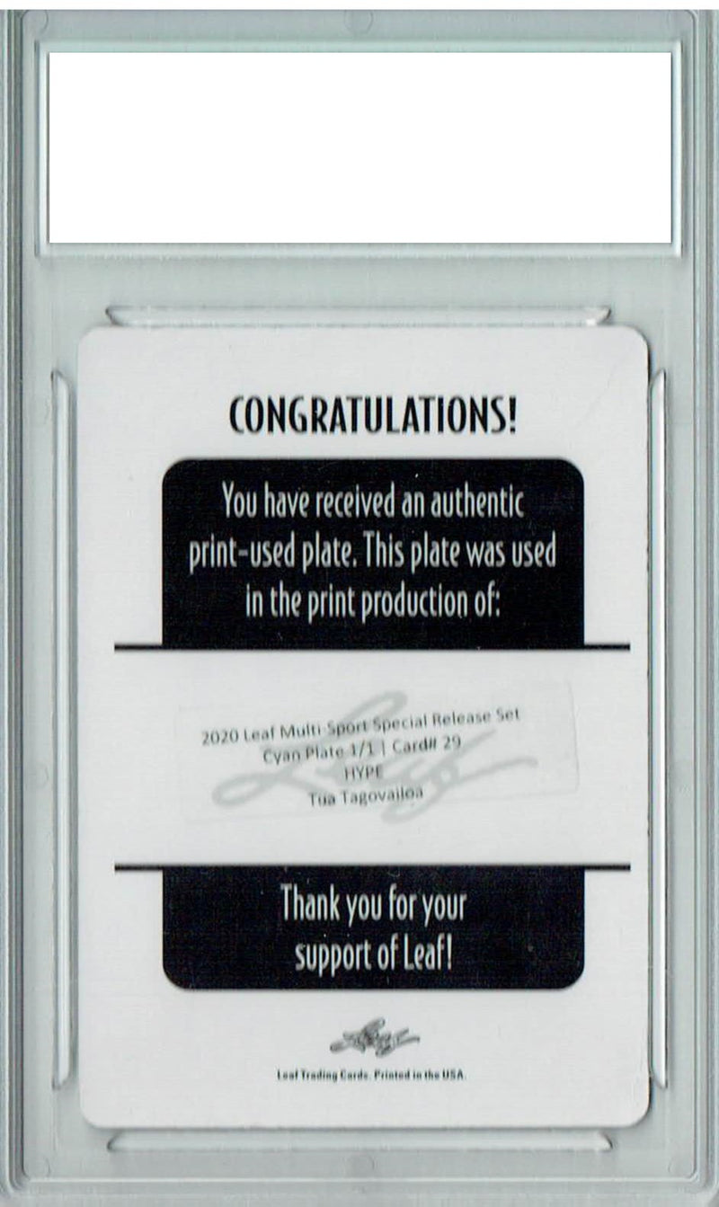 Tua Tagovailoa Rookie Card Miami PGI 10 Gem Mint Football Trading Card 2020 Leaf HYPE! #29 1/1 Printing Plate Cyan
