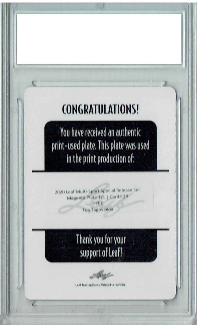 Tua Tagovailoa Rookie Card Miami PGI 10 Gem Mint Football Trading Card 2020 Leaf HYPE! #29 1/1 Printing Plate Magenta