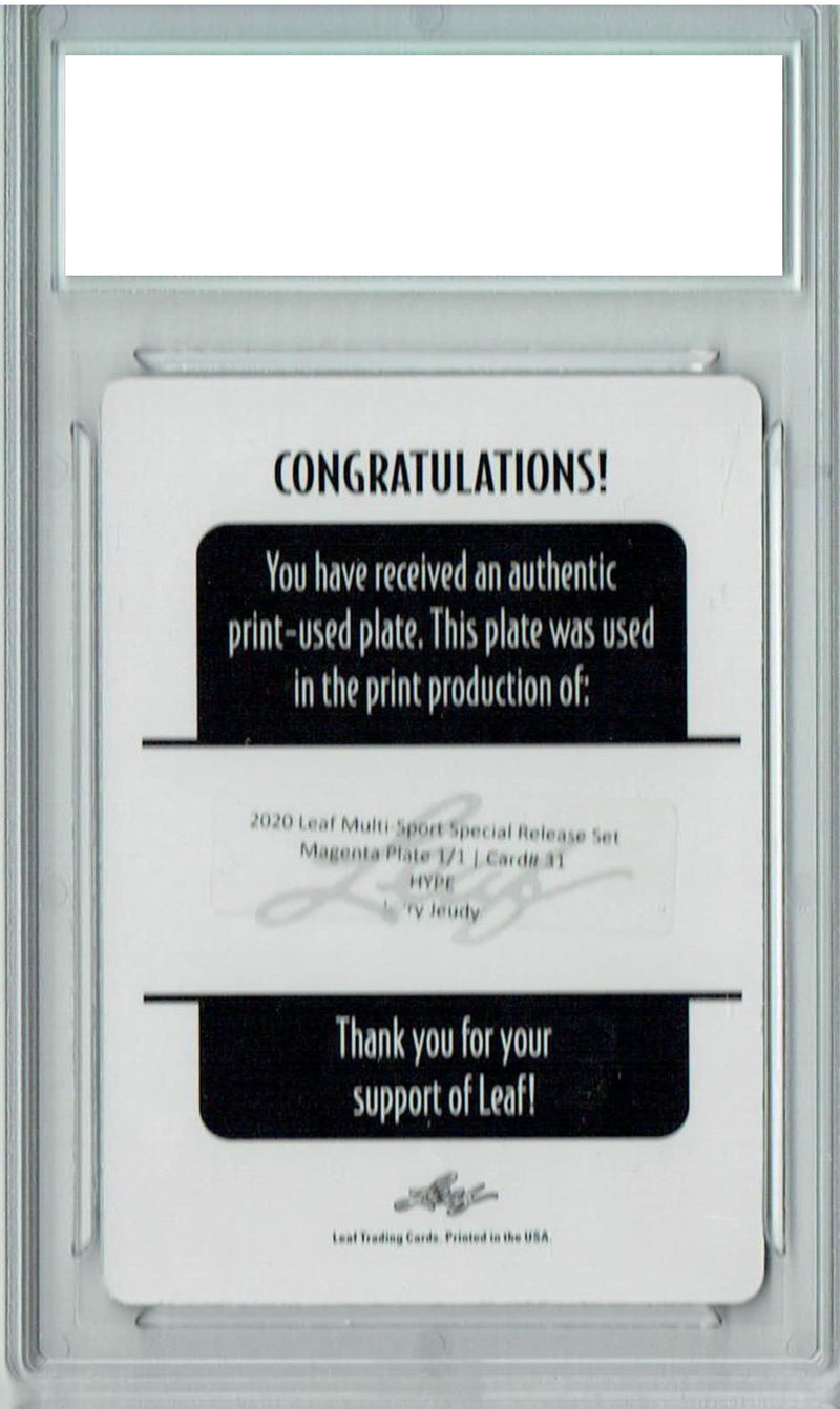 Jerry Jeudy Rookie Card Denver PGI 10 Gem Mint Football Trading Card 2020 Leaf HYPE! #31 1/1 Printing Plate Magenta