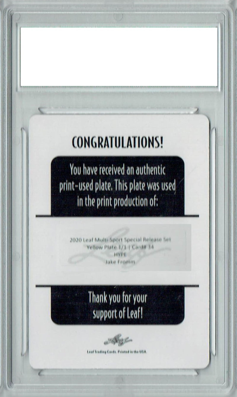 Jake Fromm Rookie Card Buffalo PGI 10 Gem Mint Football Trading Card 2020 Leaf HYPE! #34 1/1 Printing Plate Yellow
