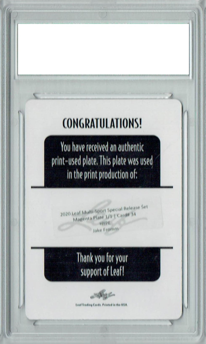 Jake Fromm Rookie Card Buffalo PGI 10 Gem Mint Football Trading Card 2020 Leaf HYPE! #34 1/1 Plate Magenta