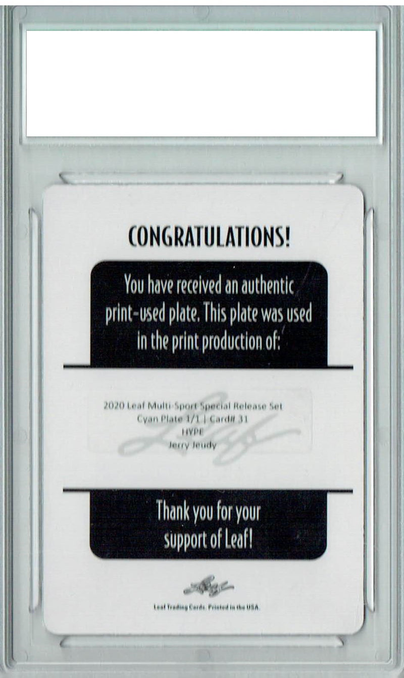 Jerry Jeudy Rookie Card Denver PGI 10 Gem Mint Football Trading Card 2020 Leaf HYPE! #31 1/1 Printing Plate Cyan