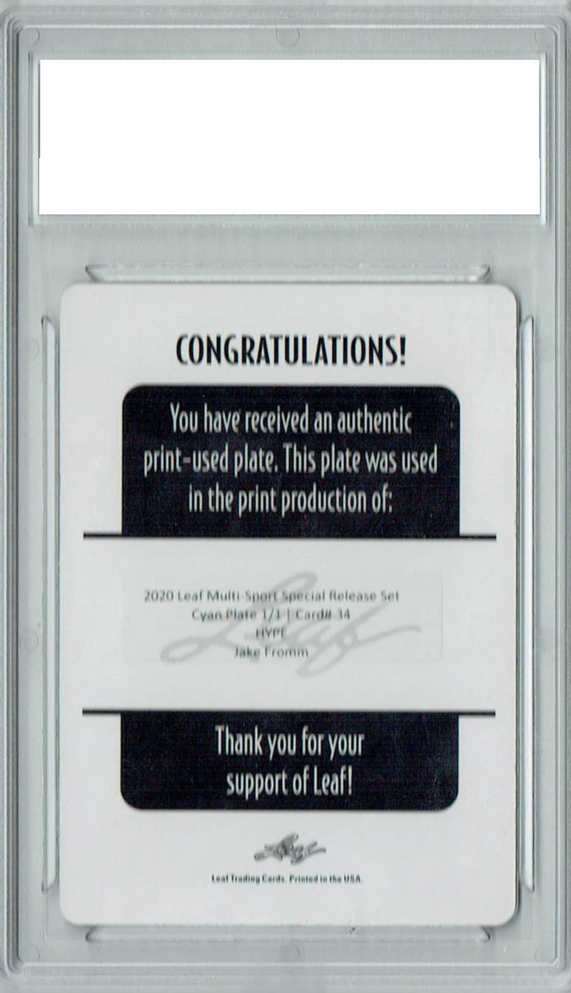 Jake Fromm Rookie Card Buffalo PGI 10 Gem Mint Football Trading Card 2020 Leaf HYPE! #34 1/1 Print Plate Cyan