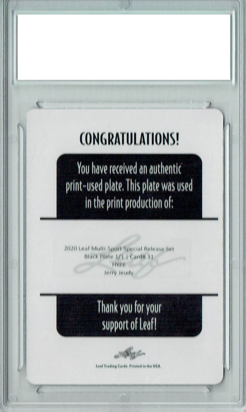 Jerry Jeudy Rookie Card Denver PGI 10 Gem Mint Football Trading Card 2020 Leaf HYPE! #31 1/1 Printing Plate Black