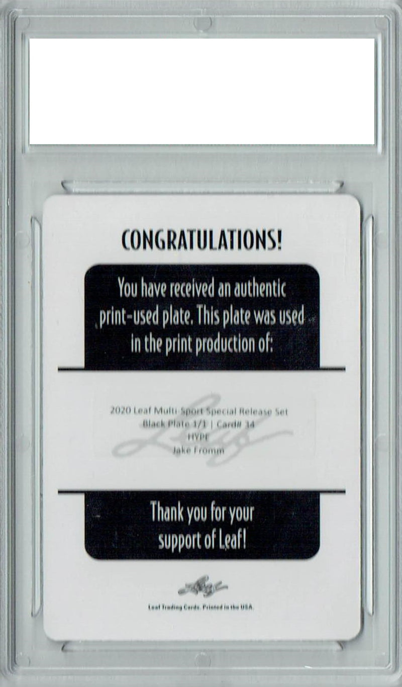 Jake Fromm Rookie Card Buffalo PGI 10 Gem Mint Football Trading Card 2020 Leaf HYPE! #34 1/1 Plate Black