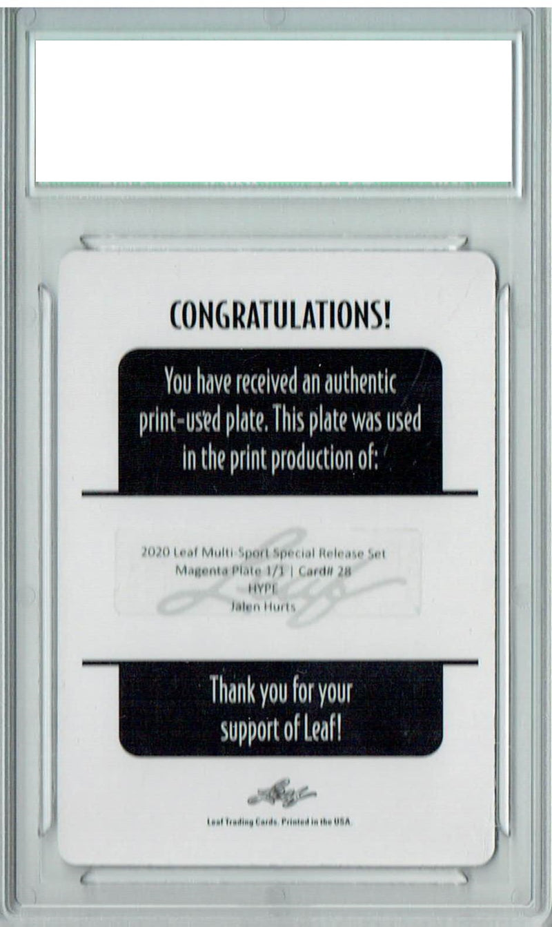 Jalen Hurts Rookie Card Philadelphia PGI 10 Gem Mint Football Trading Card 2020 Leaf HYPE! #28 1/1 Printing Plate Magenta