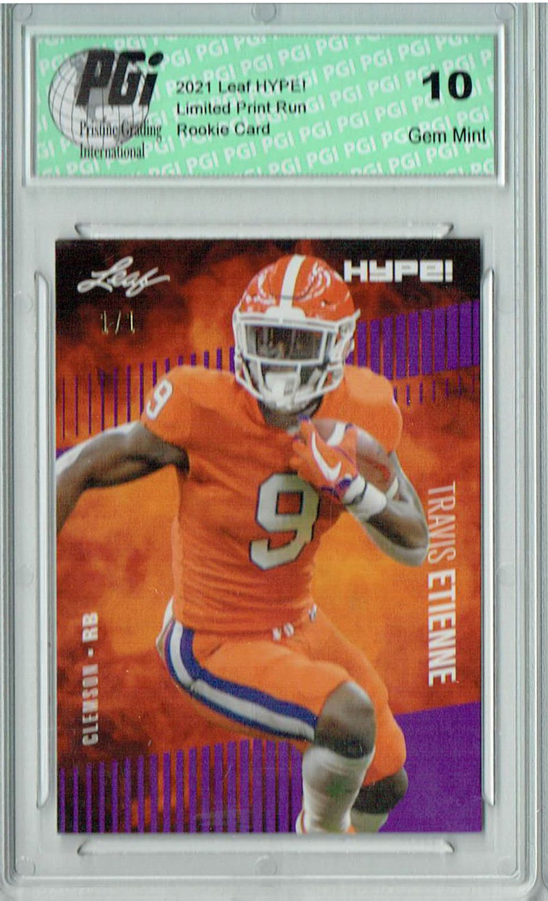 Travis Etienne Rookie Card Jacksonville PGI 10 Gem Mint Football Trading Card 2021 Leaf HYPE! #53 Purple Blank Back 1/1