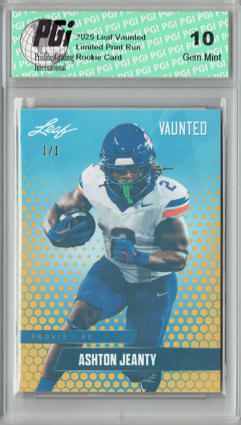 Ashton Jeanty Rookie Card Boise St / Las Vegas PGI 10 Football Trading Card 2025 Leaf Vaunted #V-02 Gold Shimmer 1/1