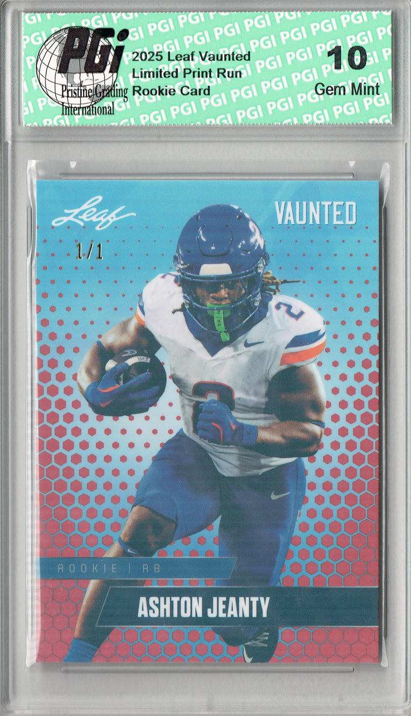 Ashton Jeanty Rookie Card Boise St / Las Vegas PGI 10 Football Trading Card 2025 Leaf Vaunted #V-02 Orange Shimmer 1/1