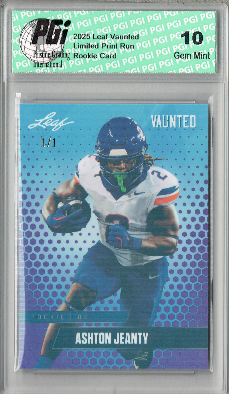 Ashton Jeanty Rookie Card Boise St / Las Vegas PGI 10 Football Trading Card 2025 Leaf Vaunted #V-02 Purple Shimmer 1/1