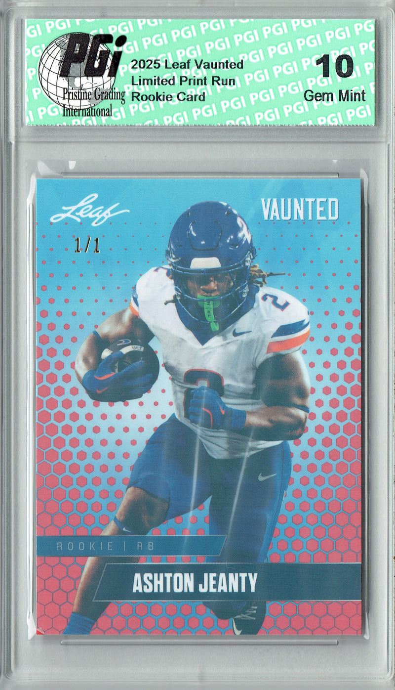 Ashton Jeanty Rookie Card Boise St / Las Vegas PGI 10 Football Trading Card 2025 Leaf Vaunted #V-02 Red Shimmer 1/1