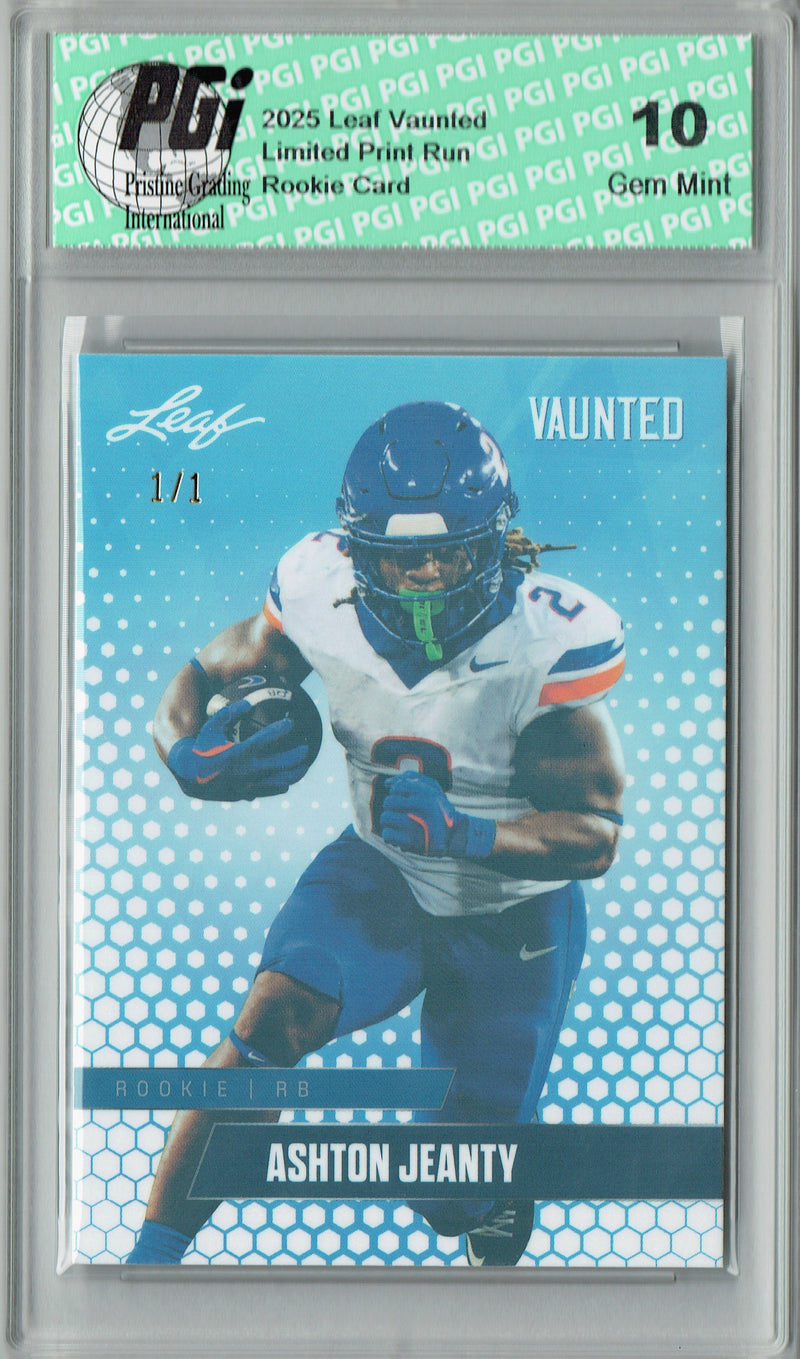 Ashton Jeanty Rookie Card Boise St / Las Vegas PGI 10 Football Trading Card 2025 Leaf Vaunted #V-02 White Shimmer 1/1