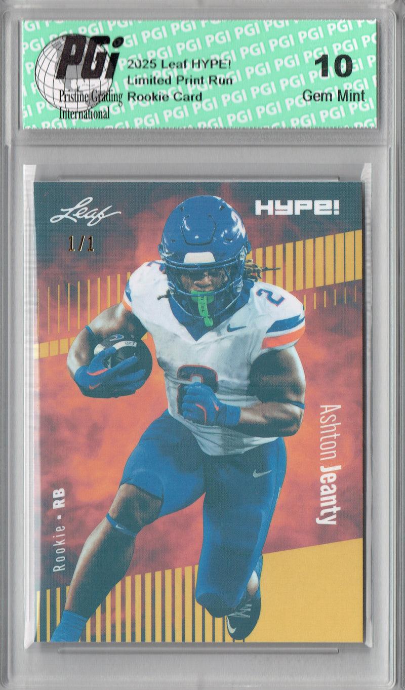 Ashton Jeanty Rookie Card Boise St / Las Vegas PGI 10 Football Trading Card 2025 Leaf HYPE! #179A Gold Shimmer 1/1