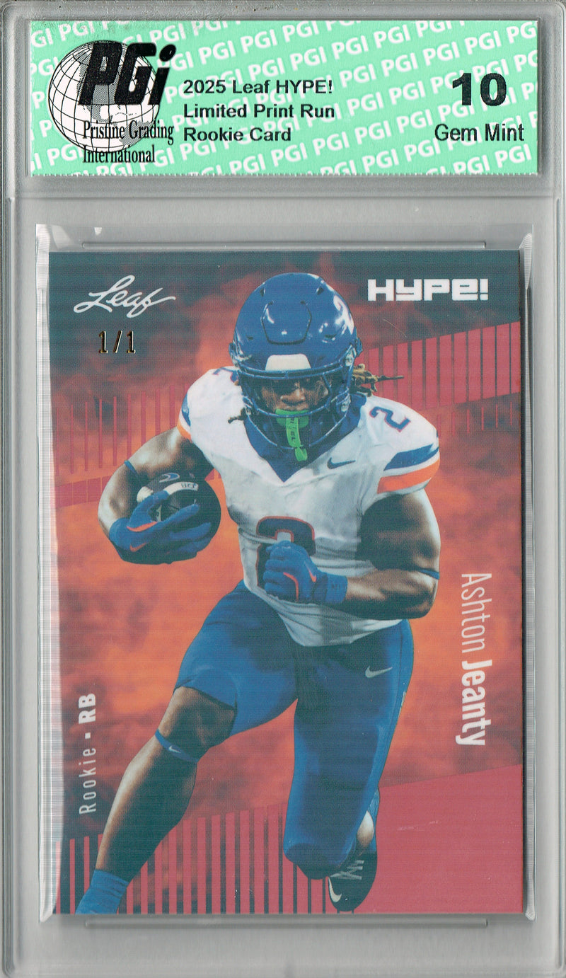 Ashton Jeanty Rookie Card Boise St / Las Vegas PGI 10 Football Trading Card 2025 Leaf HYPE! #179A Orange Shimmer 1/1