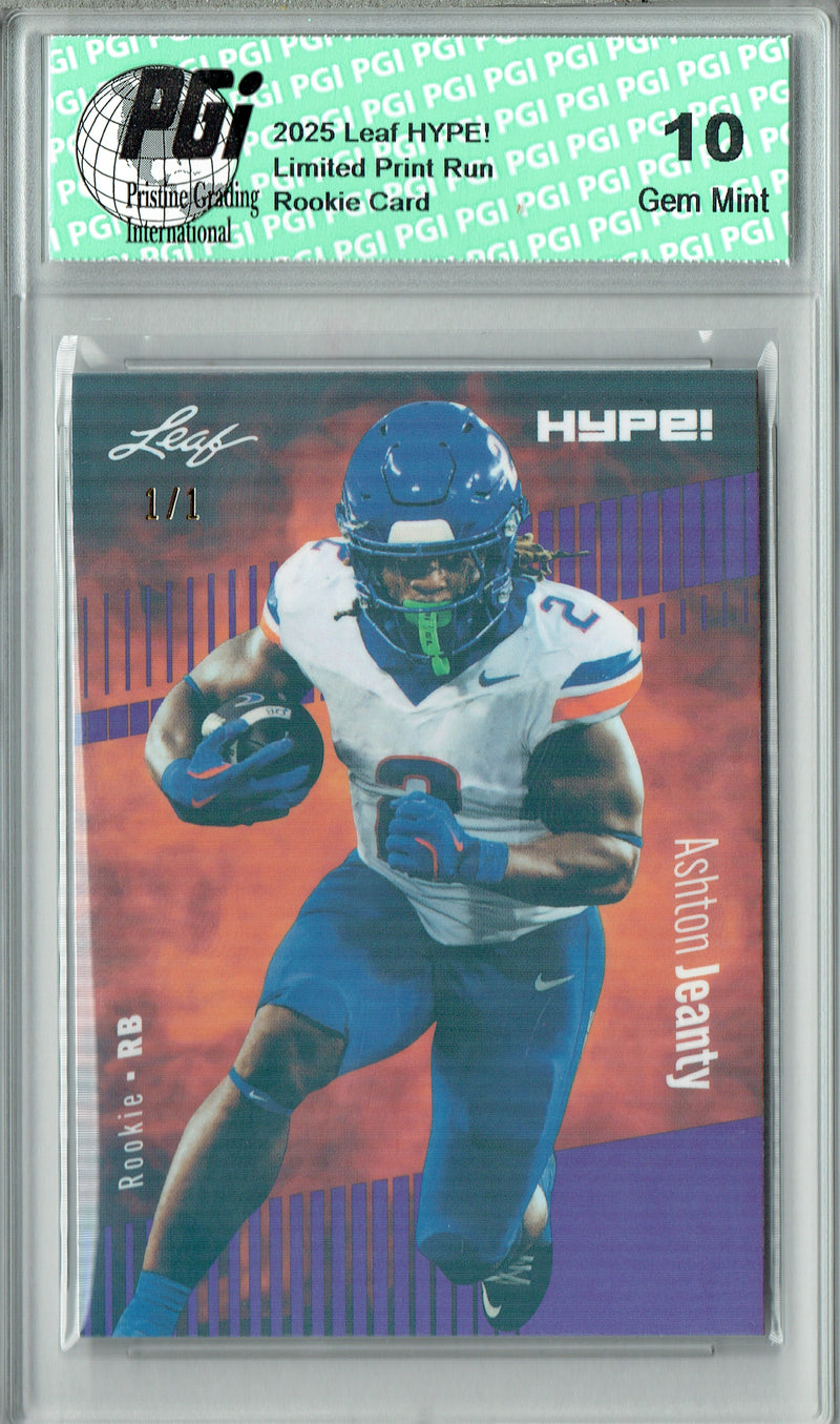 Ashton Jeanty Rookie Card Boise St / Las Vegas PGI 10 Football Trading Card 2025 Leaf HYPE! #179A Purple Shimmer 1/1