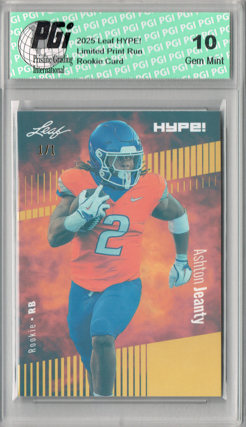 Ashton Jeanty Rookie Card Boise St / Las Vegas PGI 10 Football Trading Card 2025 Leaf HYPE! #179 Gold Shimmer 1/1