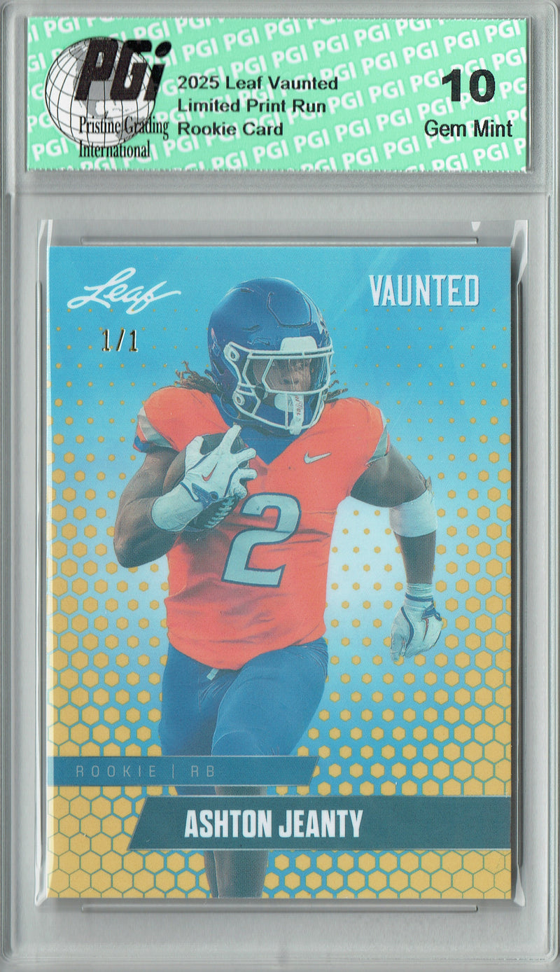 Ashton Jeanty Rookie Card Boise St / Las Vegas PGI 10 Football Trading Card 2025 Leaf Vaunted #V-01 Gold Shimmer 1/1