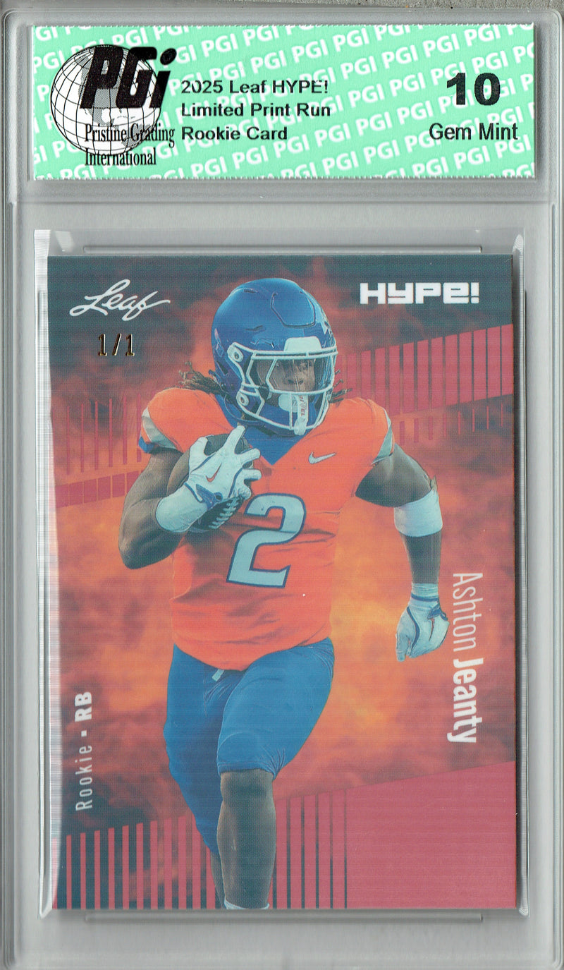 Ashton Jeanty Rookie Card Boise St / Las Vegas PGI 10 Football Trading Card 2025 Leaf HYPE! #179 Orange Shimmer 1/1