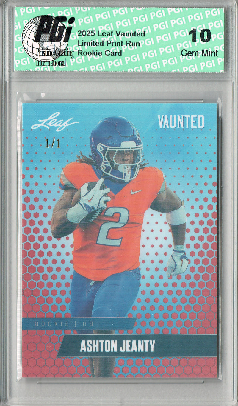 Ashton Jeanty Rookie Card Boise St / Las Vegas PGI 10 Football Trading Card 2025 Leaf Vaunted #V-01 Orange Shimmer 1/1