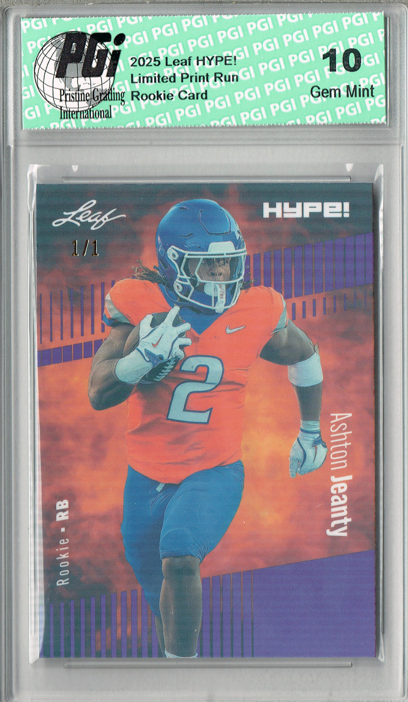 Ashton Jeanty Rookie Card Boise St / Las Vegas PGI 10 Football Trading Card 2025 Leaf HYPE! #179 Purple Shimmer 1/1